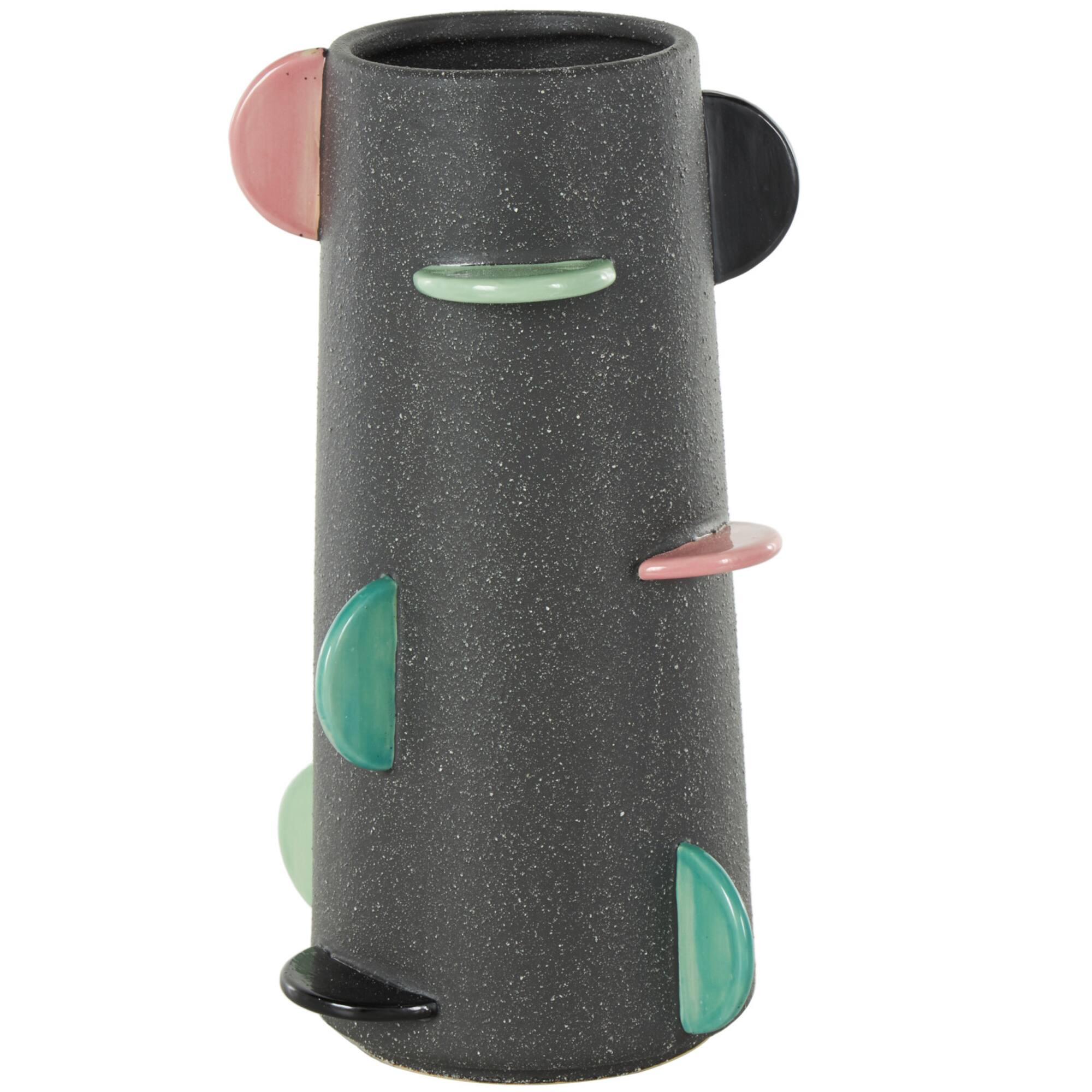 12" Black & Multicolor Half Moon Accents Textured Ceramic Vase
